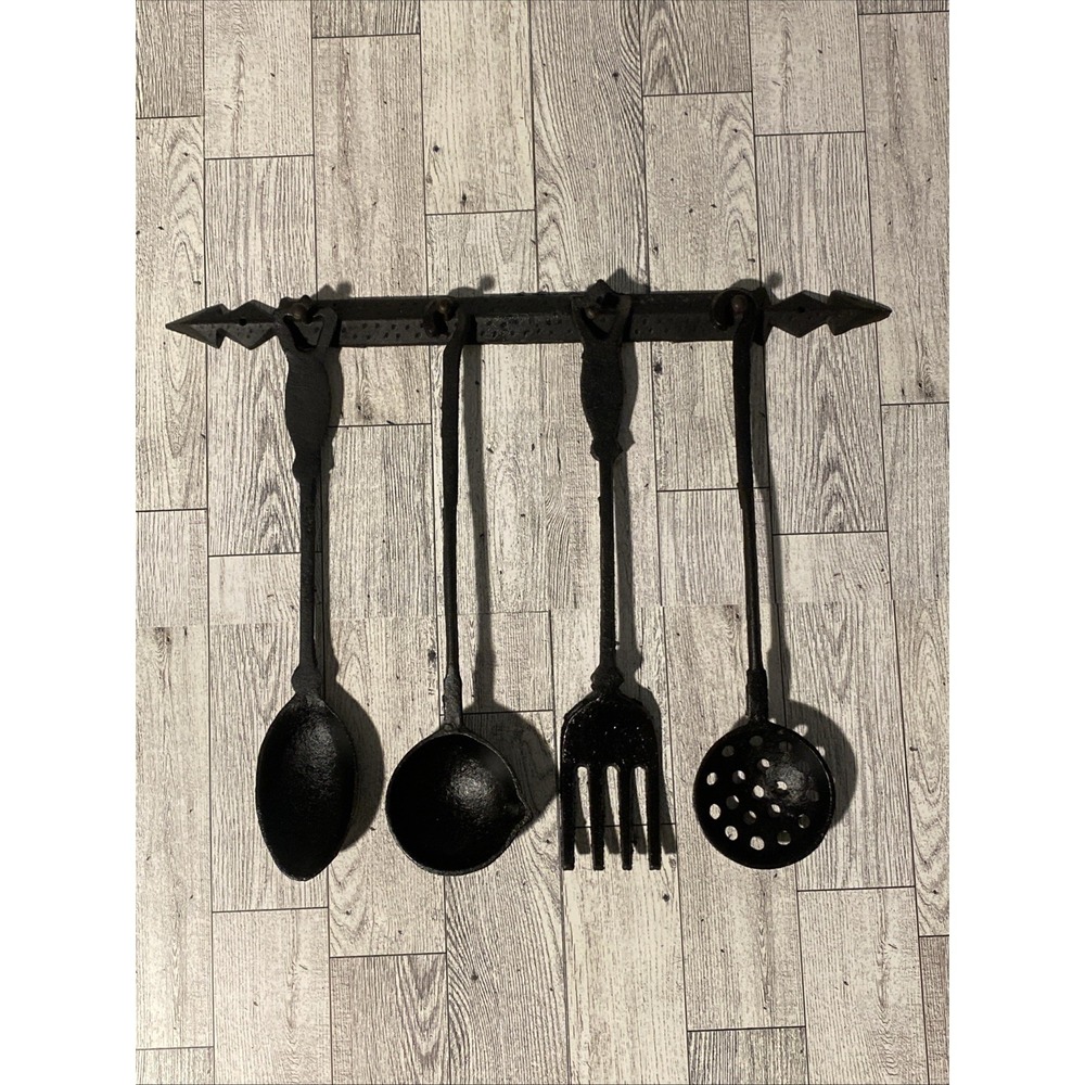 5pc Vintage Cast Iron Hanging Utensil Set Fork Spoon Ladle Strainer & Rack